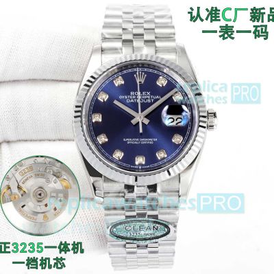 Clean Factory Swiss Copy Rolex 36mm Datejust Cal.3235 Blue Face Watch 